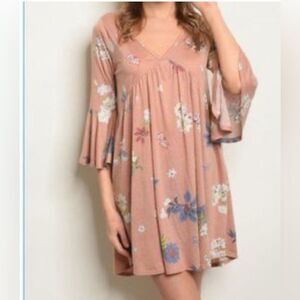 Pink blush floral bell sleeve a line empire waist dress size small